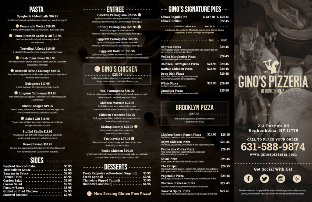 Take Out Menu Gino's Pizza Of Ronkonkoma