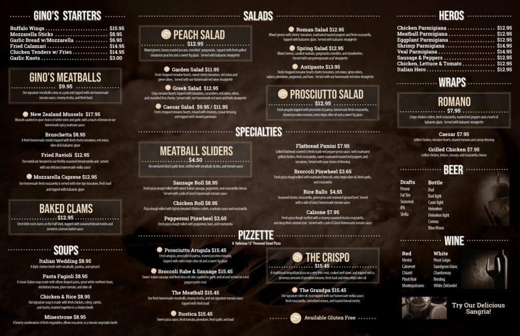 Take Out Menu Gino's Pizza Of Ronkonkoma